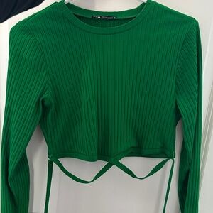Zara Green Ribbed Long Sleeve Crop Top